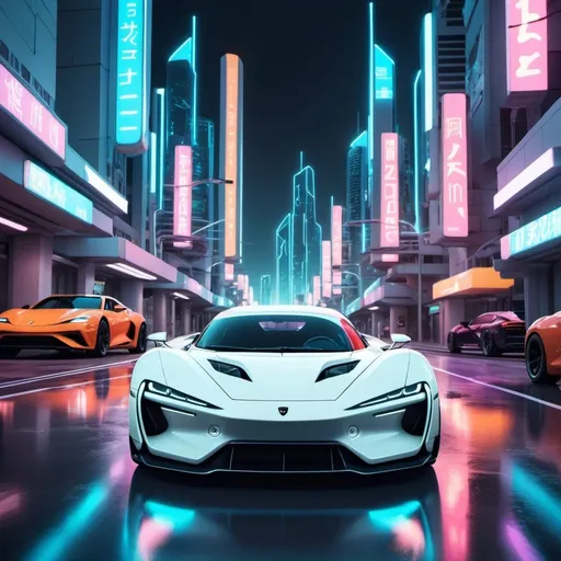 Prompt: a white sports car in a neon futuristic city