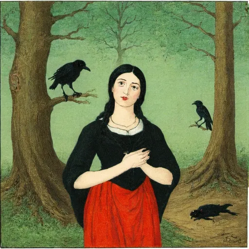 Prompt: there is only one beautiful woman with raven-black hair and red lip in the forest.
The background is dark forest.