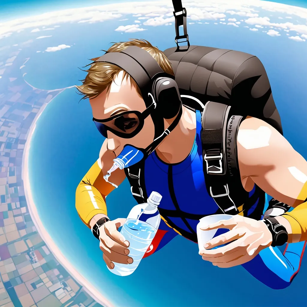 Prompt: man drinking water while skydiving