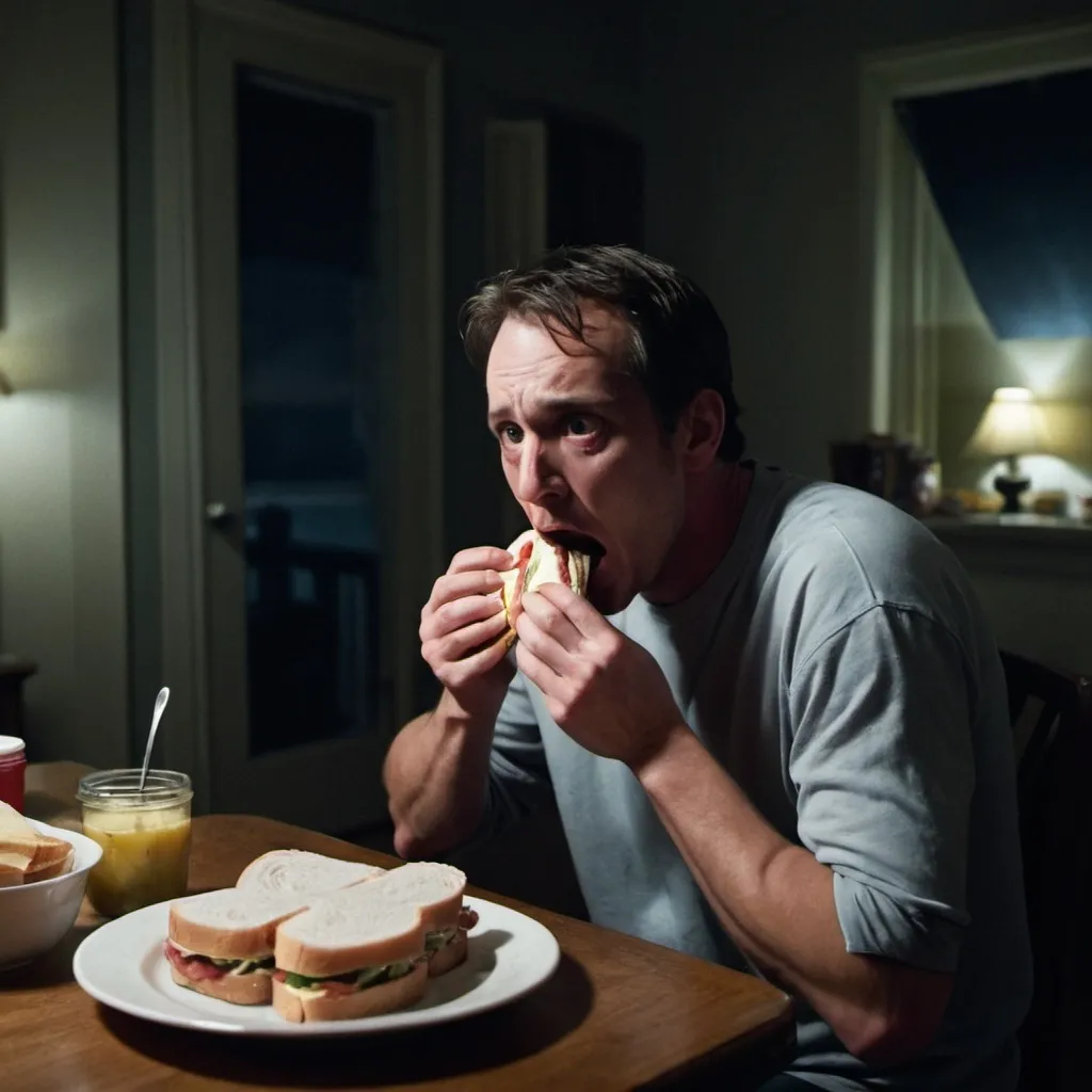 Prompt: a man eating a sandwich in the middle of the night in a horror movie while ghosts are  looking at him
