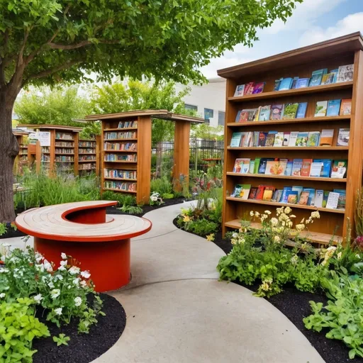 Prompt: Beautiful  community reading garden with book shelf