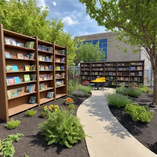 Prompt: Beautiful  community reading garden with book shelf