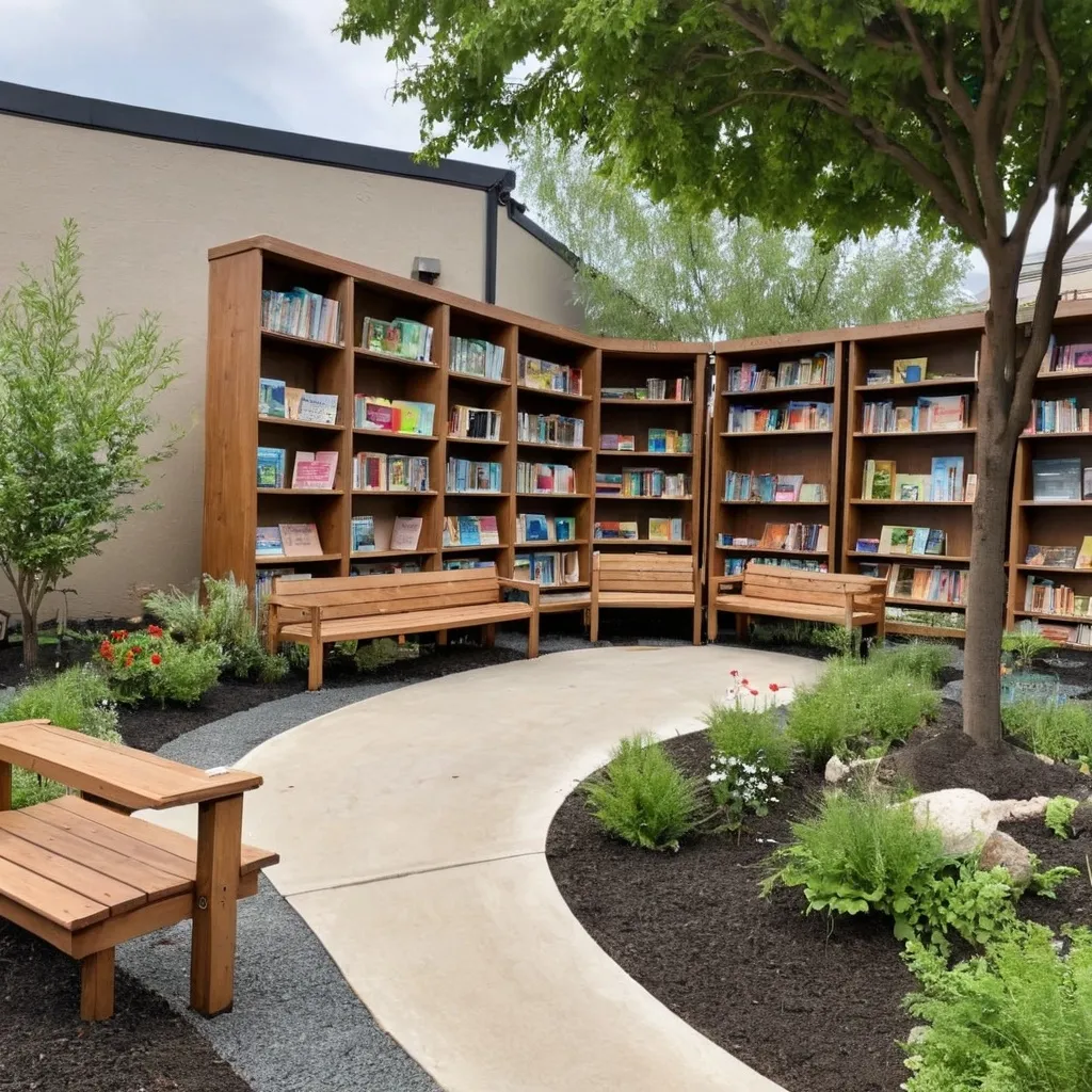 Prompt: Beautiful  community reading garden with book shelf