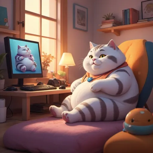 Prompt: Fat humanoid cat playing computer games, digital illustration, cozy home setting, relaxed posture, chubby cheeks and cute chubby paws, colorful gaming setup, high quality, digital art, cheerful and vibrant, warm lighting