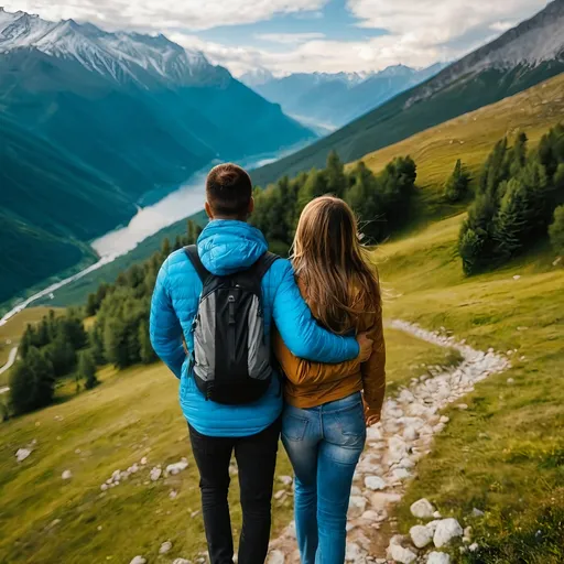 Prompt: A man and a woman hugging each other and walking through the mountains in a place with extremely beautiful nature and mountains.