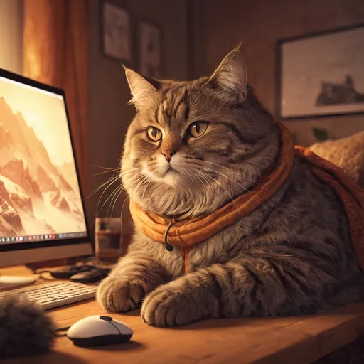 Prompt: Fat cat gaming on computer, digital illustration, cozy home setting, detailed fur with warm tones, focused expression, comfortable and relaxed vibe, high quality, digital illustration, warm tones, cozy lighting, gaming setup