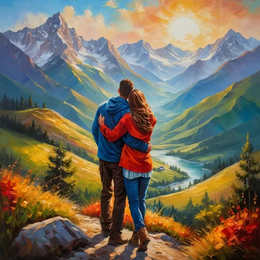 Prompt: Romantic embrace in mountainous landscape, oil painting, vibrant nature, high altitude, detailed faces, warm tones, natural lighting, scenic, picturesque, high quality, oil painting, romantic, detailed nature, vibrant colors, scenic lighting, natural beauty
