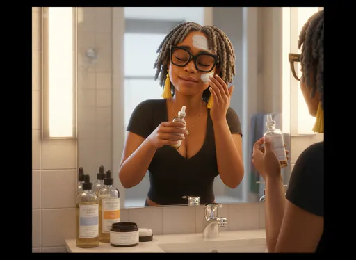 Prompt: @7uzHfct3bGBzSF6lkrvx stands before her bathroom mirror, her face freshly cleansed. She reaches for her serums and moisturizers, her movements methodical and intentional. She applies the vitamin C serum, massaging it gently into her skin, letting it absorb. Next, she smooths on a hydrating overnight mask, her fingertips gliding across her cheeks and forehead. She pauses to inspect her complexion, admiring the glow that is beginning to emerge. With a satisfied nod, she moves on to the final step - an eye cream, patted delicately around the delicate orbital area. As she completes her routine, the woman's expression is one of calm focus. This nightly ritual is her time to care for herself, to nurture and replenish her skin. She switches off the light, knowing that while she sleeps, the products will work their magic, leaving her complexion radiant and refreshed come morning.