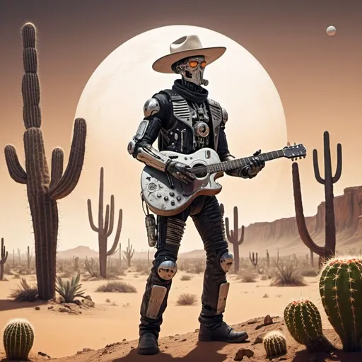 Prompt: cyborg Space cowboy with guitar on dust bowl planet with cacti