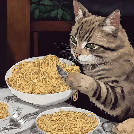 Prompt: Cat eating pasta in anime artstyle