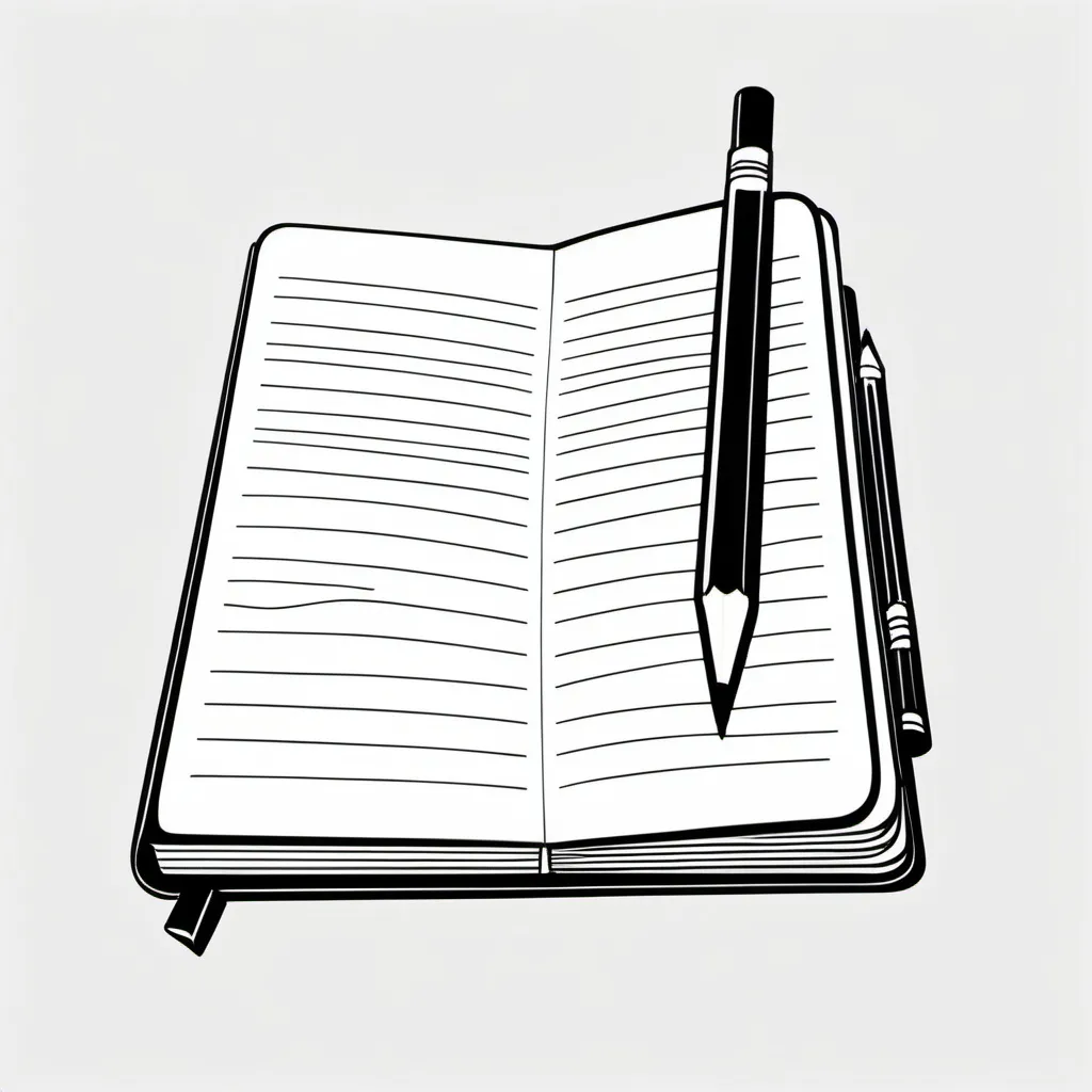 Prompt: black and white, (minimalist), (simple), comic-style illustration of a notebook and pencil
