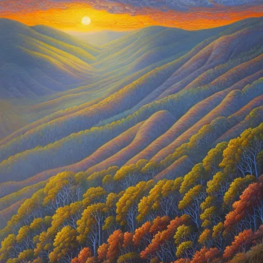 Prompt: Oil painting of lord of the ring hills shire, sunset in background, cool earthy tones, detailed foliage and winding pathways, picturesque hillside, high quality, detailed, surrealistic, oil painting, muted colors, detailed textures, idyllic scenery,