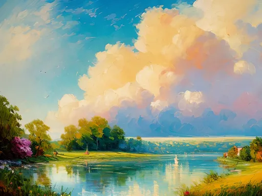 Prompt: Impressionist oil painting, vibrant brushstrokes, soft fluffy clouds over water, idyllic rural setting, high quality, impressionist, soft sunlight, serene atmosphere, countryside, overlooking ocean