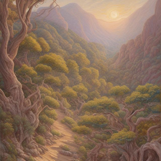 Prompt: Oil painting of a tolkien party tree, cool earthy tones, detailed foliage and winding pathways, picturesque hillside, high quality, oil painting, muted colors, detailed textures, idyllic scenery, warm lighting