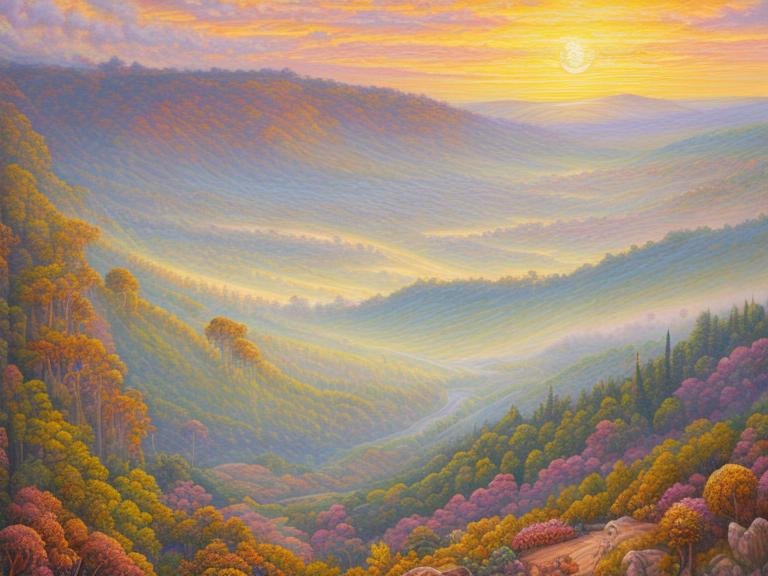 Prompt: high detailed Oil painting of lord of the ring hills shire, sunset in background, cool earthy tones, detailed foliage and winding pathways, picturesque hillside, high quality, detailed, surrealistic, oil painting, muted colors, detailed textures, idyllic scenery,