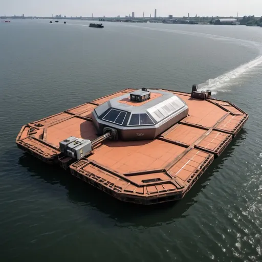 Prompt: A barge with cargo.  The barge should be hovering over the water and look like a futuristic hovercraft 

