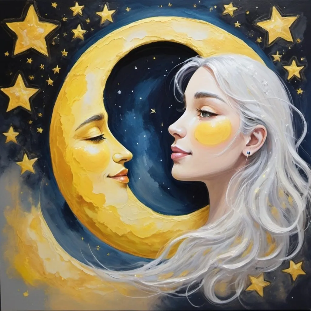 Prompt: Create an acrylic-based painting of a moon with a friendly face. The moon should glow very yellow and be surrounded by many sparkling stars. The atmosphere of the painting should be warm and dreamy, with a soft, magical glow. The colors should be primarily in yellow and gold tones to give the painting a cozy and inviting mood.
