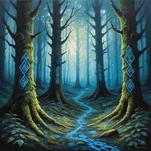 Prompt: A mystical forest in acrylic technique. The forest floor is covered with mossy patches and weathered leaves. Glowing Viking runes are scattered on the ground, emitting an intense blue light. The surroundings are subtly illuminated by the light, giving the trees a magical glow. The acrylic technique emphasizes the texture of the tree bark and the depth of the forest. The atmosphere is mysterious and eerie, as if the runes hold ancient magic or long-kept secrets.