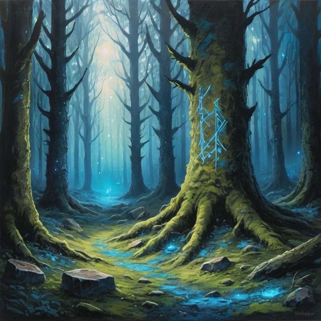 Prompt: A mystical forest in acrylic technique. The forest floor is covered with mossy patches and weathered leaves. Glowing Viking runes are scattered on the ground, emitting an intense blue light. The surroundings are subtly illuminated by the light, giving the trees a magical glow. The acrylic technique emphasizes the texture of the tree bark and the depth of the forest. The atmosphere is mysterious and eerie, as if the runes hold ancient magic or long-kept secrets.