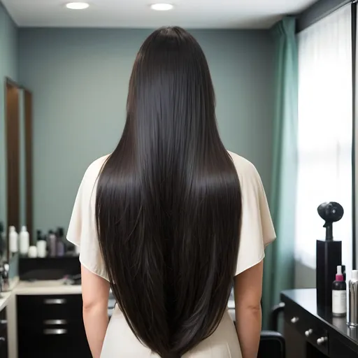 Prompt: Woman with waist length hair, very thick, very long hair, waist length, lower waist length, very thick hair, standing woman, wearing salon cape, back view, long layered haircut, layered haircut, silky hair, black hair, straight hair, cut into thick long layers, layered haircut, curtain bangs at the front, fresh blowdry, salon, beautiful, voluminous hair