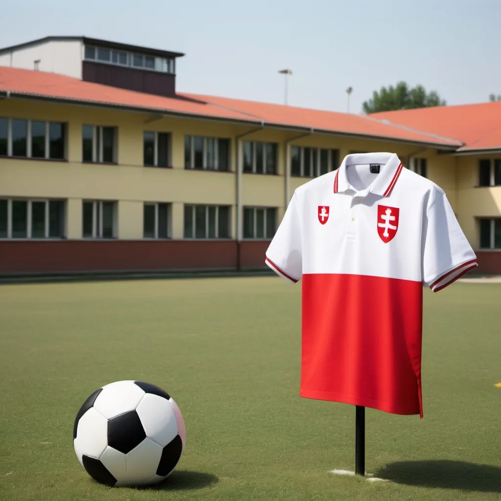 Prompt: School with Poland flag , soccer polo next to it