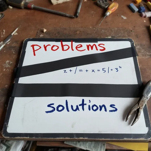 Prompt: the word problems crossed out with an x ​​of black tape below the word solutions with a screwdriver and pliers