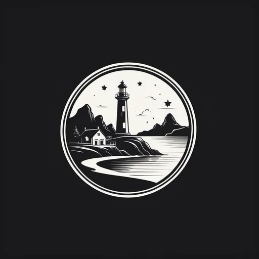 Prompt: monochrome logo of a serene shore with a lighthouse, star in the sky, minimalistic design, vintage advertising, high contrast, black and white, simple, clean lines, retro, classic, advertising style, nostalgic, tranquil atmosphere, minimal details, timeless appeal, high quality