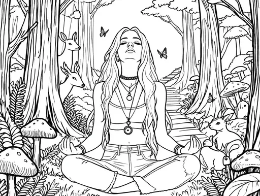 Prompt: i need a coloring book page of her meditating and animals are all around, she had to wait for her wet clothes to dry.