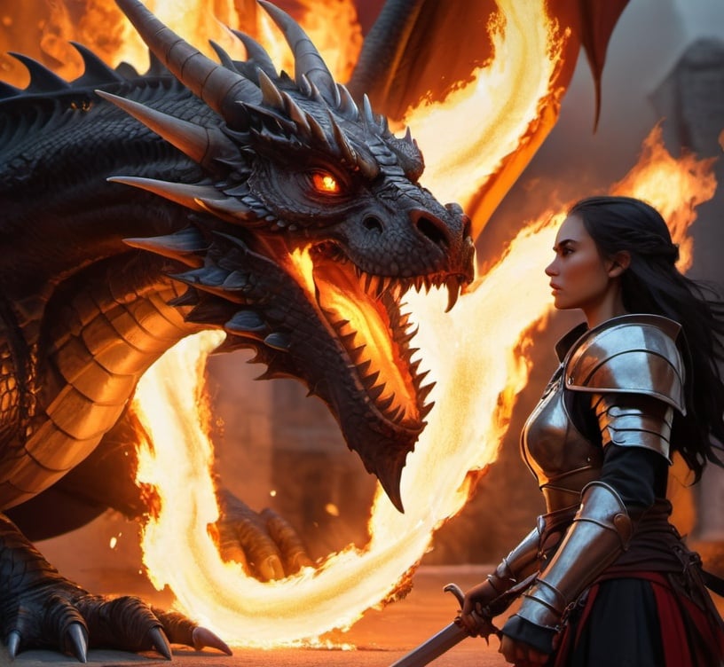 Prompt: a warrior woman encounters a dragon, flames effect, details clothes, highly detailed scene, fantasy character art, digital illustration, dnd