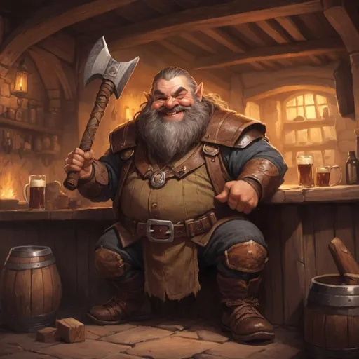 Prompt: dwarf character holding an axe in a tavern , fantasy character art, illustration, dnd, warm tone, mug of ale in the other hand, sunglasses on, smiling and enjoying himself