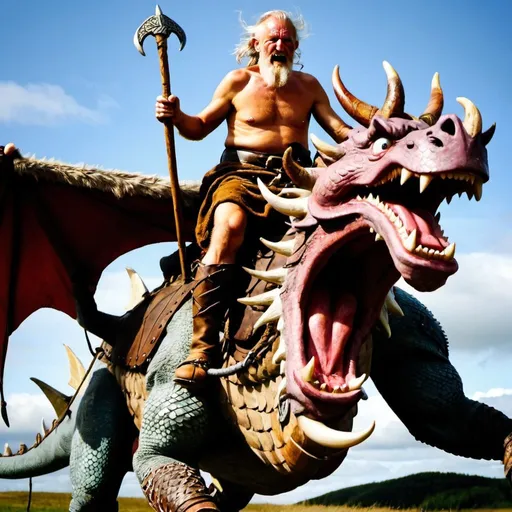 Prompt: Old Viking man, funny, riding dragon, bumpy ride, expression on face one of holding on for mere life, Eyes wide open, 