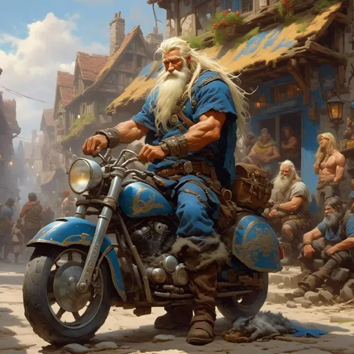 Prompt: <mymodel>Fantasy Characters, a blonde grey long haired well build Viking man sitting on a blue motorcycle outside a pub, with a beard and a beard on his head and a viking helmet on his head, Dan Scott, cobra, ice, a character portrait, holding out one arm with an mug of ale. Make it quirky and funny. Tribal Viking tattoo on forearm and hands. Vinyls on bike Cobra, Ice, Dan visually readable