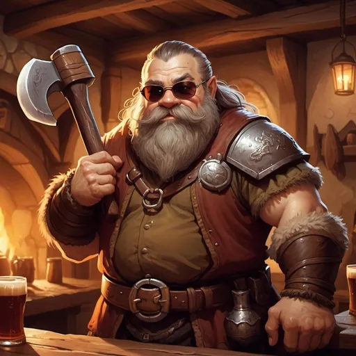 Prompt: dwarf character holding an axe in a tavern , fantasy character art, illustration, dnd, warm tone, mug of ale in other hand, sunglasses