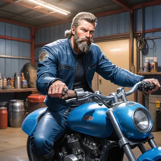 Prompt: anime scenea man sitting on a blue motorcycle in a garage with a beard and a beard on his head and a helmet on his head, Dan Scott, cobra, ice, a character portrait, holding out one arm with an mug of ale