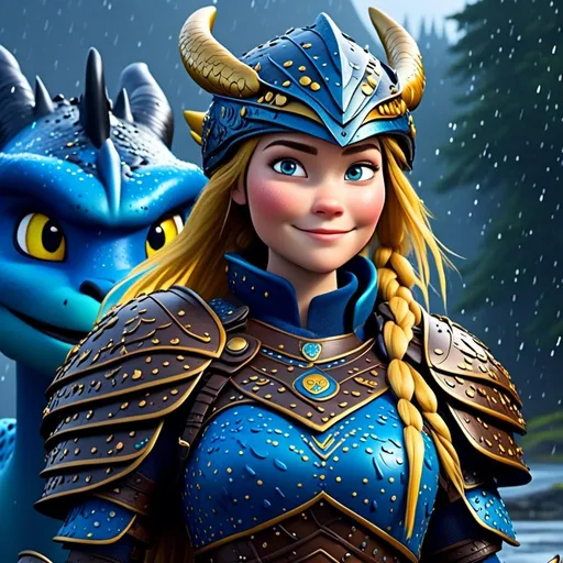 Prompt: <mymodel>CGi Animation, 20-year-old viking woman with blue eyes, a rainy scene, she is standing next to a bright blue dragon with gold highlights, they are both in the rain, the viking woman has a subtle smile, blonde hair in a ponytail style, she has blue gear, gold armor, black pants, black boots