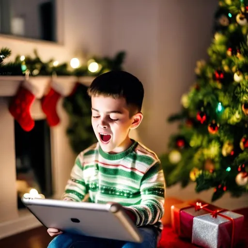 Prompt: a kid playing on a ipad while singing in front of a christmas tree