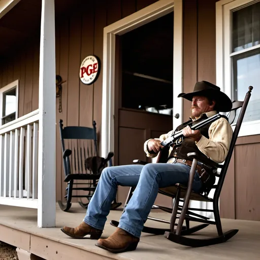 Prompt: 
a cowboy man sits on a porch in a rocking chair and has a shotgun in his hand. in the distance you can see a man approaching with the "PGE" logo