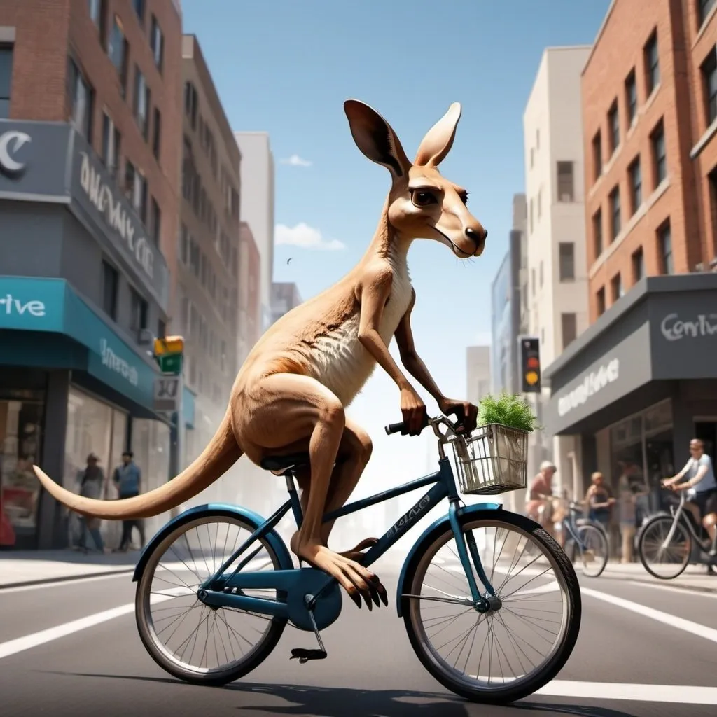 Prompt: Create a 3d illustration of a kangaroo ridding a bicycle ahead of a who trailing behind in another bicycle in a busy city. Inscription "#akanetefia" should be written boldly at top of the image