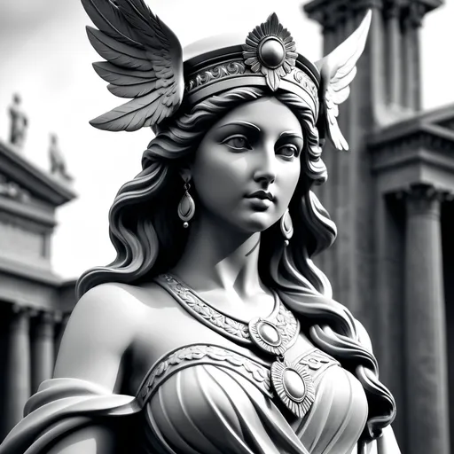 Prompt: Goddess athena, a kind of fairy or goddess having the appearance of such a woman, particularly active in raising the windstorms of spring, hyper realistic statue, black and white, HD 4k 3D, professional modeling, ethereal, medium skin, gorgeous face, jewelry and headpiece, detailed and intricate, elegant, ethereal, mythical, goddess, majestic, with a cement texture, no fethers, robed, owl not a woman
