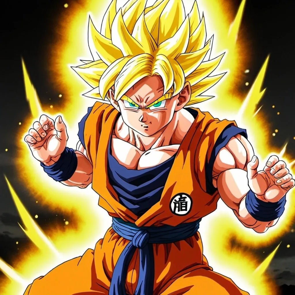 Prompt: goku from dragon ball z with yellow hair and an energy beam coming out of his hands