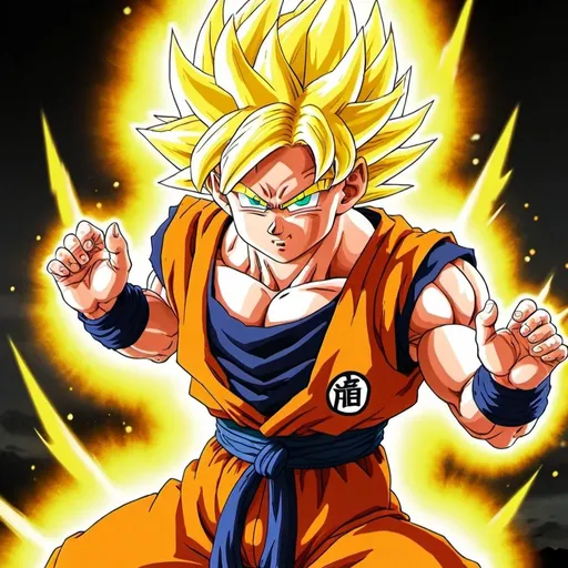 Prompt: goku from dragon ball z with yellow hair and an energy beam coming out of his hands