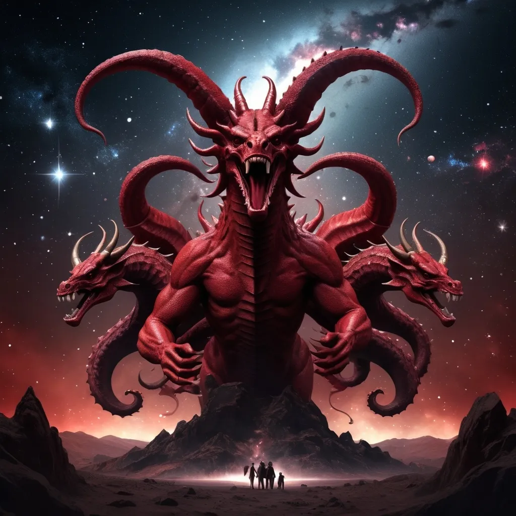 Prompt: (enormous red hydra with seven heads and ten horns, and seven crowns on its horns), surrealism style, dark color scheme, its (tail knocking stars out of the sky), stars falling to earth, dark and sinister atmosphere, deep shadows, muted reds and blacks, cosmic background with swirling galaxies, shimmering fallen stars, highly detailed, ultra-detailed, 4K, intricate textures, dramatic lighting and highlights