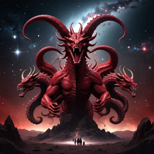 Prompt: (enormous red hydra with seven heads and ten horns, and seven crowns on its horns), surrealism style, dark color scheme, its (tail knocking stars out of the sky), stars falling to earth, dark and sinister atmosphere, deep shadows, muted reds and blacks, cosmic background with swirling galaxies, shimmering fallen stars, highly detailed, ultra-detailed, 4K, intricate textures, dramatic lighting and highlights