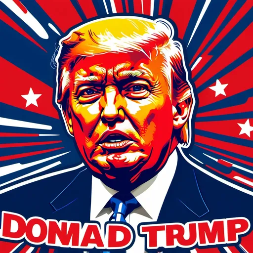 Prompt: (bumper sticker style), (Donald Trump) with hand raised, predominantly red, blue, and white colors, bold and eye-catching design, simplified features for a cartoon-like effect, high contrast background for visibility, appealing graphics, glossy finish, vibrant color scheme, high resolution, clear outlines, expressive demeanor, playful and humorous tone, engaging and impactful presentation.