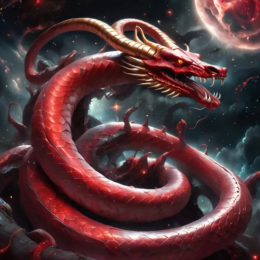 Prompt: (enormous red hydra snake with one body and seven heads and 7 horns, golden crowns on all of its horns and 3 horns coming from chest), surrealism style, dark color scheme,stars falling to earth, dark and sinister atmosphere, deep shadows, muted reds and blacks, cosmic background with swirling galaxies, shimmering fallen stars, highly detailed, ultra-detailed, 4K, intricate textures, dramatic lighting and highlights