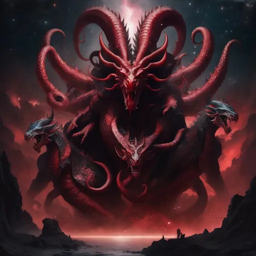 Prompt: (enormous red hydra with seven heads and 7 horns on its heads and 7 crowns on its horns and 3 horns coming out of chest ), surrealism style, dark color scheme,stars falling to earth, dark and sinister atmosphere, deep shadows, muted reds and blacks, cosmic background with swirling galaxies, shimmering fallen stars, highly detailed, ultra-detailed, 4K, intricate textures, dramatic lighting and highlights