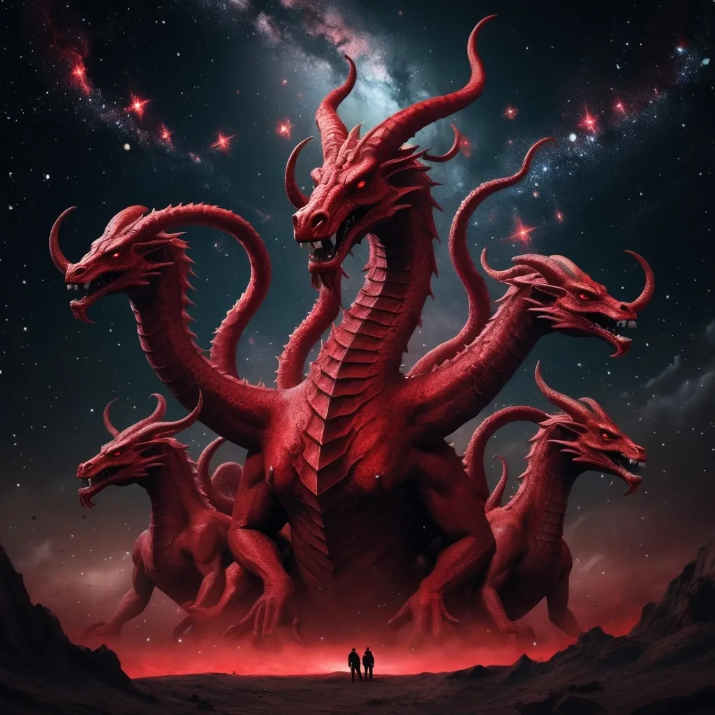 Prompt: (enormous red hydra with seven heads and ten horns, and seven crowns on its horns), surrealism style, dark color scheme, its (tail knocking stars out of the sky), stars falling to earth, dark and sinister atmosphere, deep shadows, muted reds and blacks, cosmic background with swirling galaxies, shimmering fallen stars, highly detailed, ultra-detailed, 4K, intricate textures, dramatic lighting and highlights