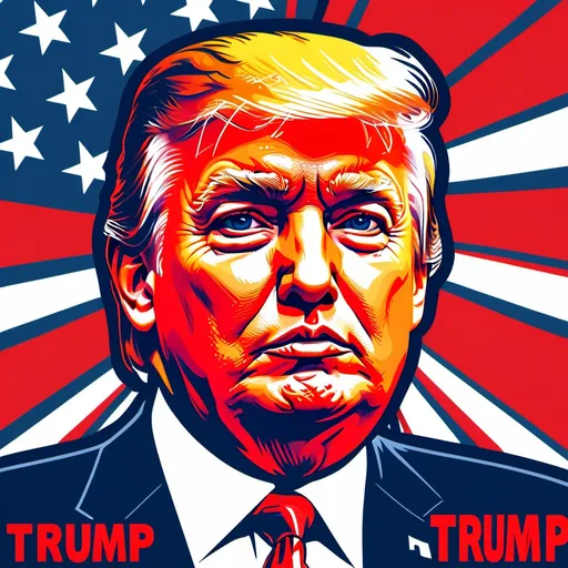 Prompt: (bumper sticker style), (Donald Trump) with hand raised, predominantly red, blue, and white colors, bold and eye-catching design, simplified features for a cartoon-like effect, high contrast background for visibility, appealing graphics, glossy finish, vibrant color scheme, high resolution, clear outlines, expressive demeanor, playful and humorous tone, engaging and impactful presentation.