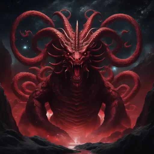 Prompt: (enormous red hydra with seven heads and ten horns,crowns on its horns), surrealism style, dark color scheme,stars falling to earth, dark and sinister atmosphere, deep shadows, muted reds and blacks, cosmic background with swirling galaxies, shimmering fallen stars, highly detailed, ultra-detailed, 4K, intricate textures, dramatic lighting and highlights