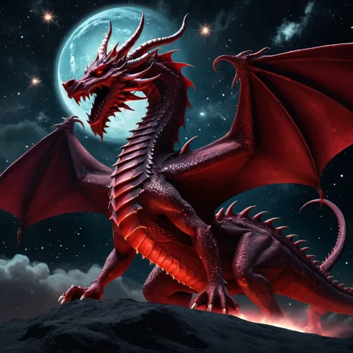 Prompt: (enormous red dragon with seven heads and ten horns, and seven crowns on its heads), surrealism style, dark color scheme, its (tail knocking stars out of the sky), stars falling to earth, dark and sinister atmosphere, deep shadows, muted reds and blacks, cosmic background with swirling galaxies, shimmering fallen stars, highly detailed, ultra-detailed, 4K, intricate textures, dramatic lighting and highlights